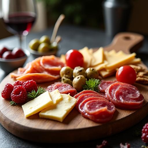 An artfully arranged charcuterie and cheese board.