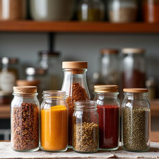 A collection of curated spices in glass jars.